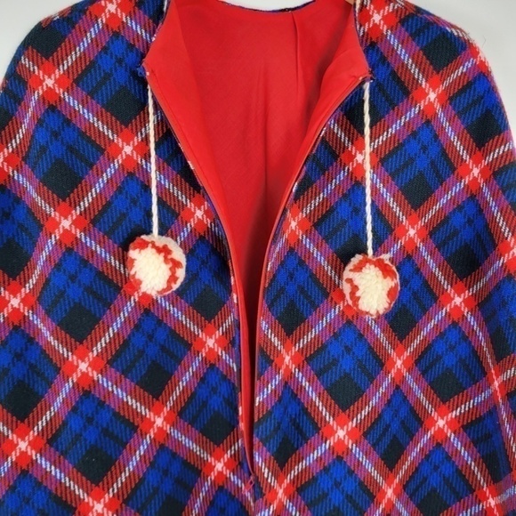 Vintage plaid poncho jacket cape fringe tassels lined warm winter zip-up - Picture 7 of 12
